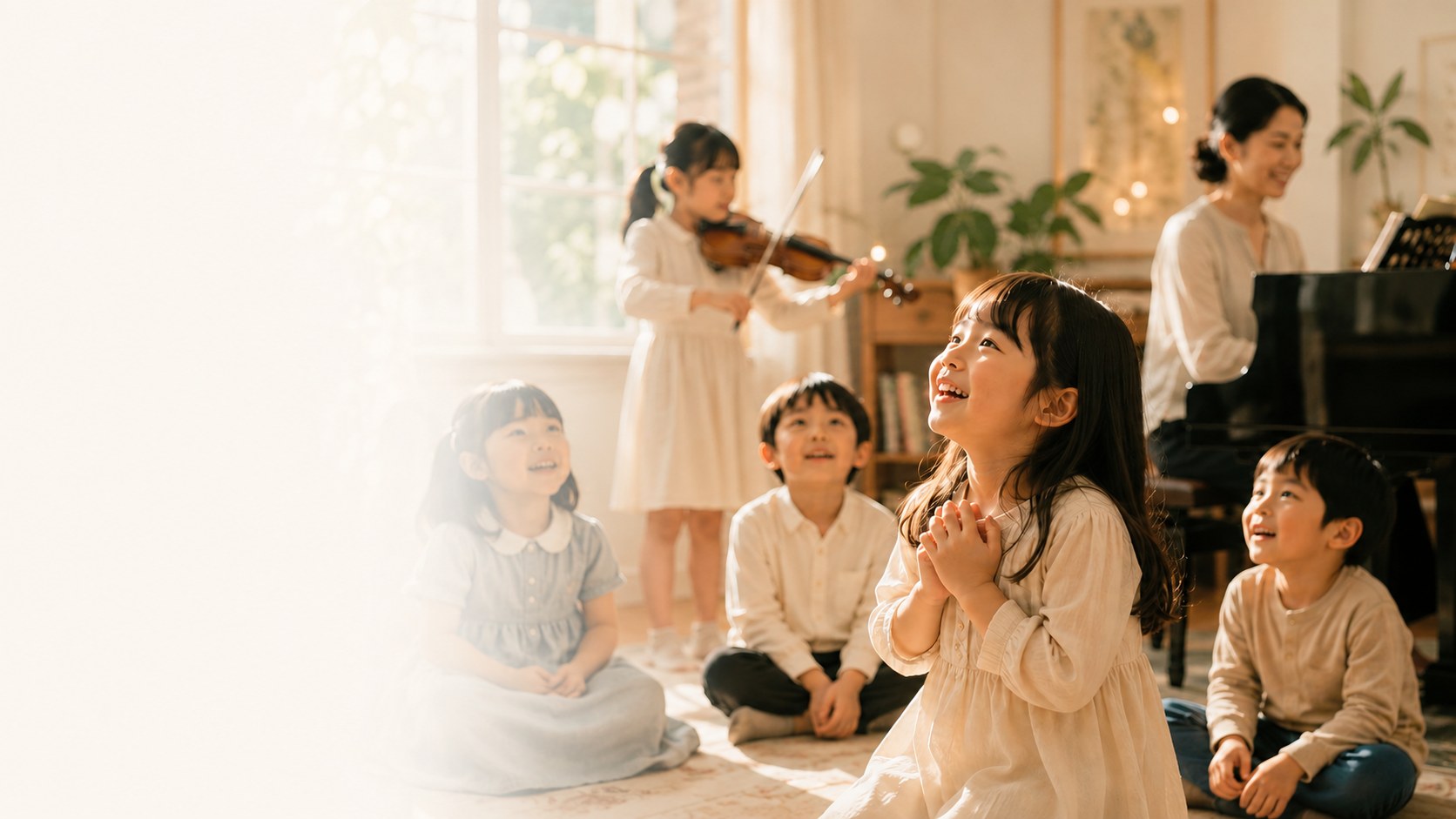 音楽を聴き、豊かな表情を浮かべる子どもたち
